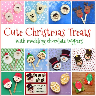 Cute Christmas treats with modeling chocolate toppers including cookies, Rice Krispie Treats, chocolate candies, and more.