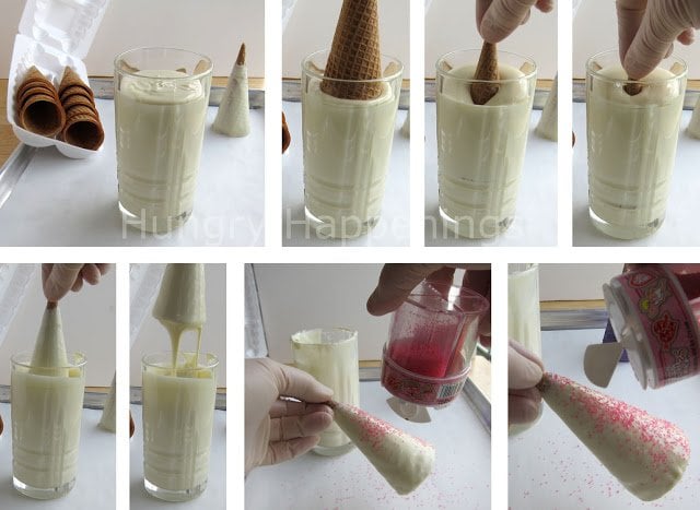 Dipping sugar cones in white chocolate then sprinkling on colored sugar. 