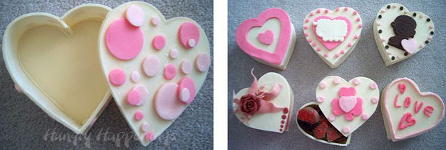 white chocolate heart boxes decorated with modeling chocolate. 