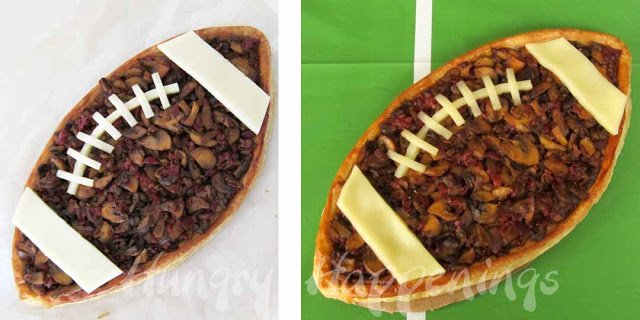football tart filled with mushrooms and decorated with mozzarella cheese. 
