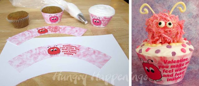 printable Valentine's Day warm fuzzy cupcake wrappers wrapped around a frosted cupcake and one with a warm fuzzy cake ball on top.