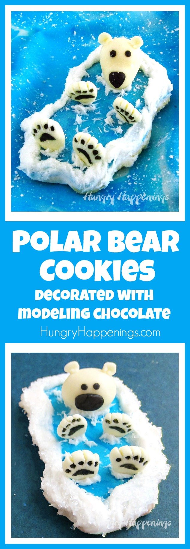 These polar bear cookies are so darn cute. Each has a 3 dimensional polar bear floating on it's back in a cookie ocean with it's big fluffy paws and head sticking up out of the modeling chocolate water. 