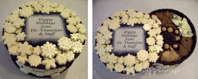 Christmas chocolate box decorated with white chocolate snowflakes. 