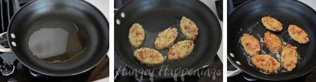 frying football-shaped rice patties in a skillet.