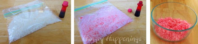 a bag of white flaked coconut colored using pink food coloring.