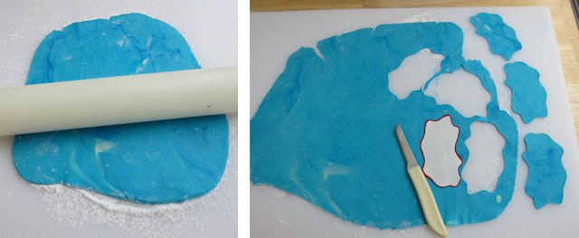 cutting out blue modeling chocolate water. 