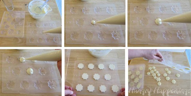 making white chocolate snowflakes in a candy mold.