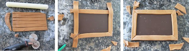 adding a modeling chocolate border around the chocolate chalkboard. 