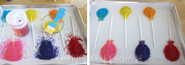 brush birthday balloon pastries with egg wash, then sprinkle on colored sugar