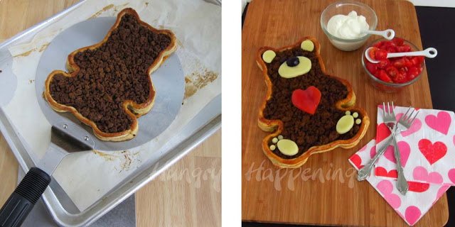 lifting the taco tart teddy bear up off the baking sheet using a large cake spatula and the decorated tart served with tomatoes and sour cream