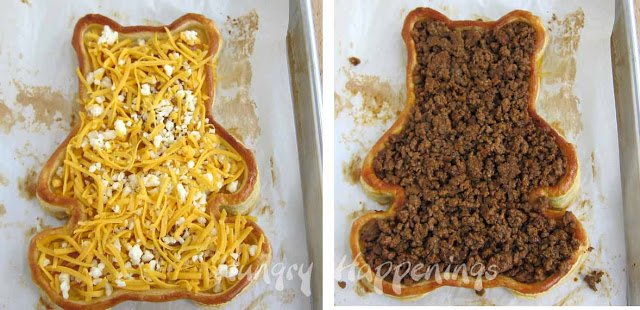 bear-shaped puff pastry topped with cheese and taco meat.