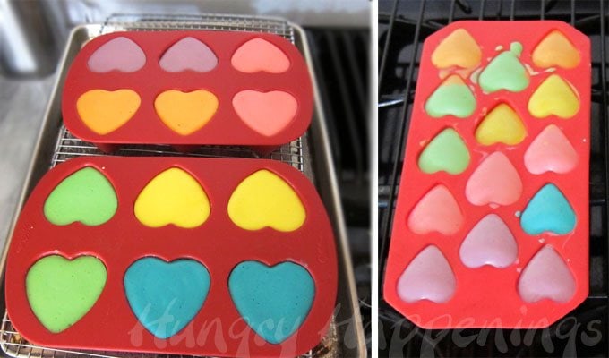 Bake brightly colored conversation heart cheesecakes in silicone molds.