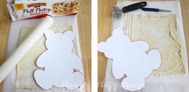 a cut-out teddy bear template set on top of a Pepperidge Farm Puff Pastry Sheet