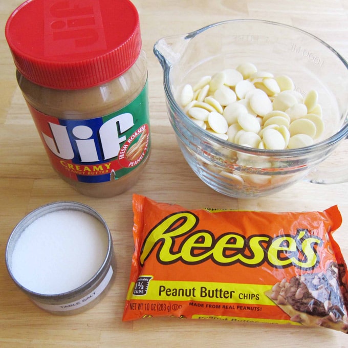 Jif creamy peanut butter, Reese's Peanut Butter Chips, Peter's White Caps compound chocolate, salt