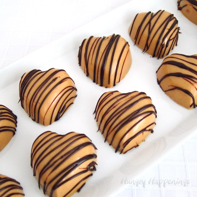 peanut butter fudge hearts drizzled with chocolate