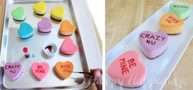 hand-paint special messages on conversation heart cheesecakes using red food coloring