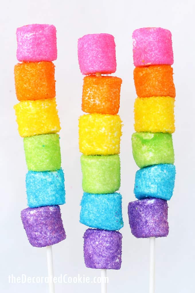 sugar-coated rainbow marshmallow kabobs.