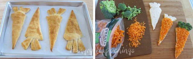 bake carrot-shaped dough and top with veggie cream cheese, shredded carrots, and broccoli.