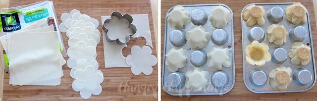 baking flower-shaped egg roll wrappers over mini muffin pans. 