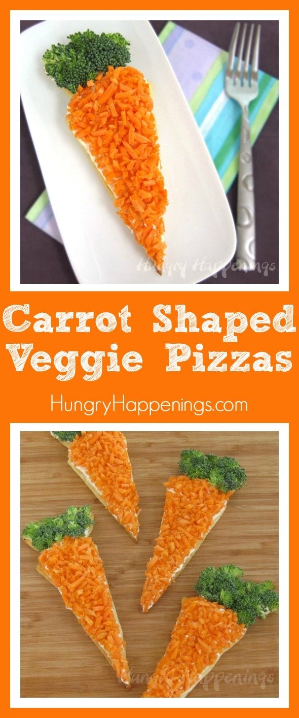 Are you having trouble getting your kids to eat vegetables? Try making these fun Carrot Shaped Veggie Pizzas, they're a great appetizer for your Easter Party and are healthy to eat!