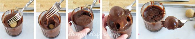 dipping peanut butter fudge balls in milk chocolate ganache