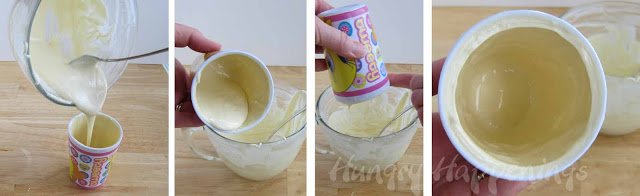 making a white chocolate cup using a plastic cup as a mold