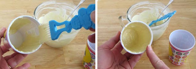 brush the inside of a plastic cup with a layer of white candy melts