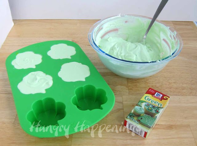 fill silicone shamrock mold with the green whipped cream and lime curd mixture. 