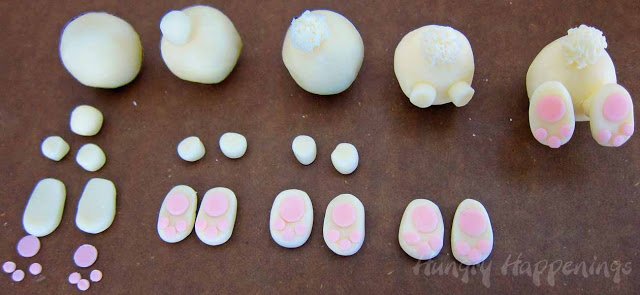 sculpting bunny butts using white modeling chocolate. 