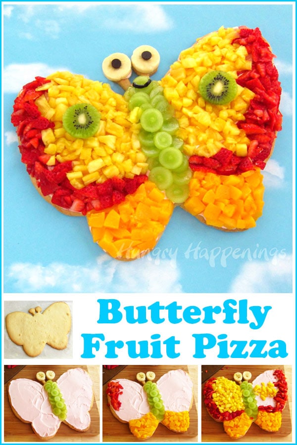 Make a butterfly fruit pizza by topping a butterfly shaped cookie with flavored cream cheese and fruit. 