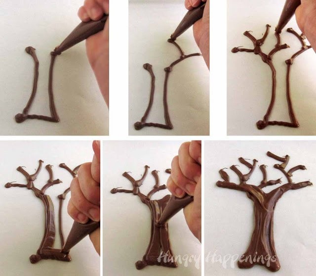 piping chocolate tree trunks and branches.