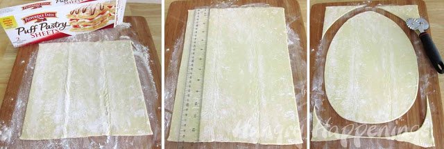 cutting a large egg out of a sheet of puff pastry.
