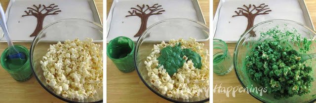 mixing melted green candy melts with popped popcorn.