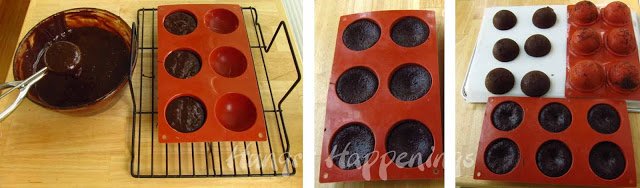 making individual-sized flourless chocolate cakes in half-sphere silicone molds. 