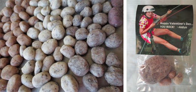 a pile of candy rocks and a bag with a "you rock" tag.