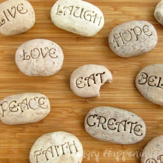 candy serenity stones made with cookies and cream fudge rocks imprinted with sweet sayings.