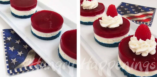 red, white, and blue no-bake cheesecakes with and without whipped cream and fresh raspberries served on a white plate
