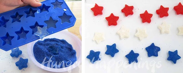 unmold the homemade gumdrop stars into red, white, or blue sanding sugar. 