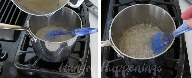 pour the boiled sugar syrup into the pan of boiling pectin syrup. 