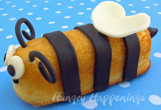 bumble bee Twinkie decorated with black modeling chocolate stripes and antennae. 