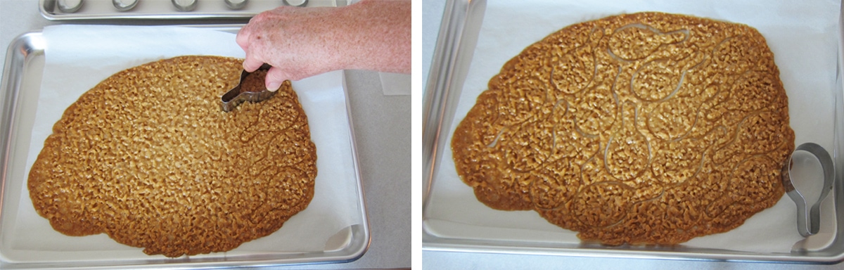 cutting almond nougatine using a spoon-shaped cookie cutter. 