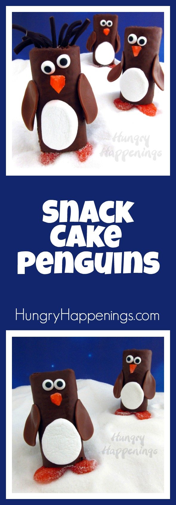 Turn Hostess HoHo's or Little Debbie Swiss Rolls into adorably cute Snack Cake Penguins. They'd make great treats for Christmas, a zoo party, or a wintertime event.