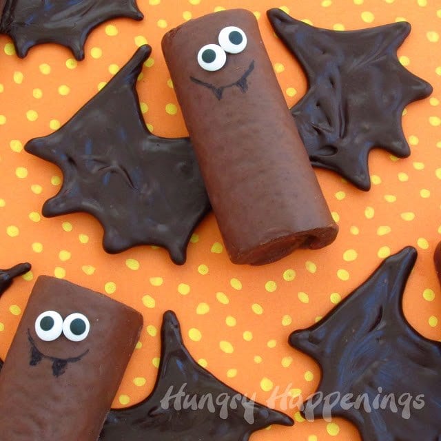 Chocolate snack cake bats with candy eyes and chocolate wings.