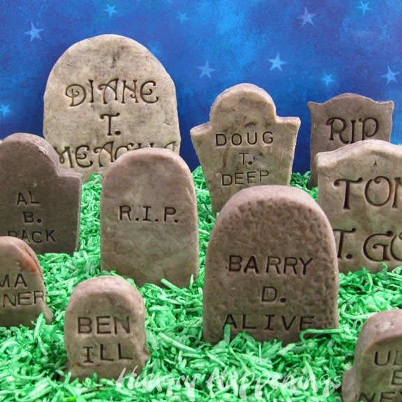 fudge tombstones with funny epitaphs including Barry D. Alive, Ben Ill, Doug T. Deep, Diane T. Meacha. 
