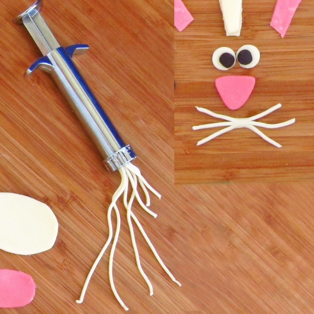 making white modeling chocolate bunny whiskers using a clay extruder. 