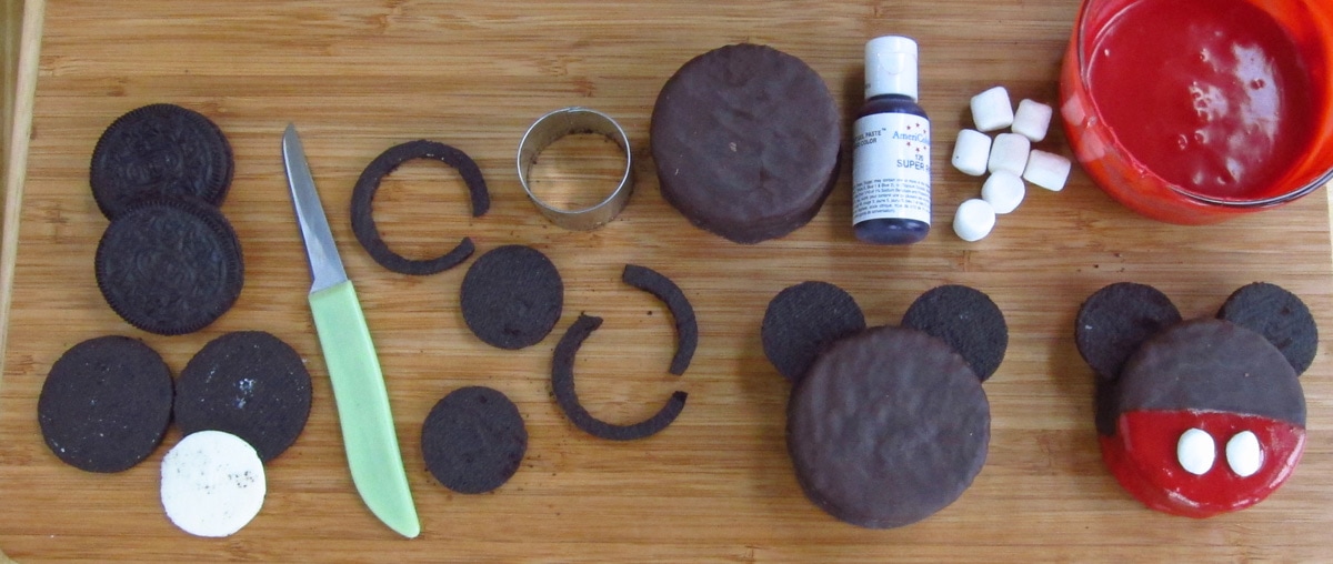 making Mickey Mouse cakes using OREO Cookie ears.