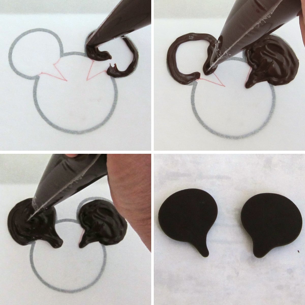 piping chocolate Mickey Mouse ears over a template.