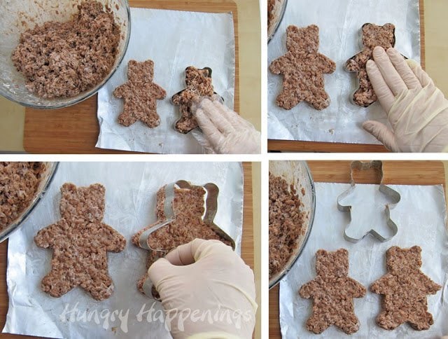 making bear-shaped Cocoa Krispies treats using a large teddy bear cookie cutter. 