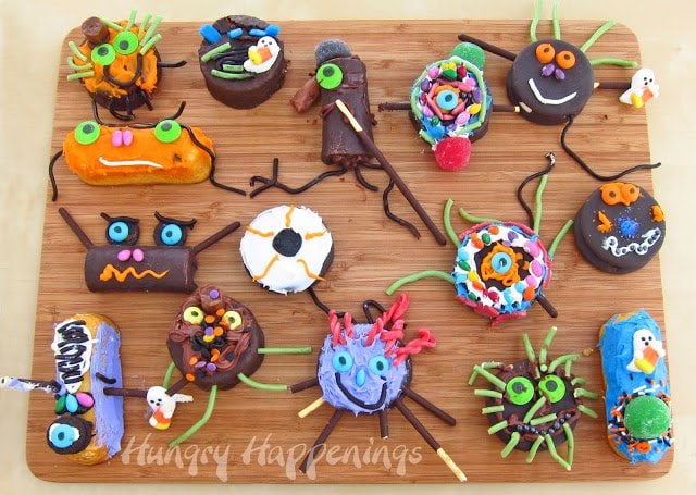 snack cakes decorated by kids using frosting, candy eyes, and sprinkles. 