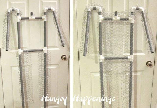 wrap chicken wire around the PVC frame to create arms and a chest for your zombie Halloween prop